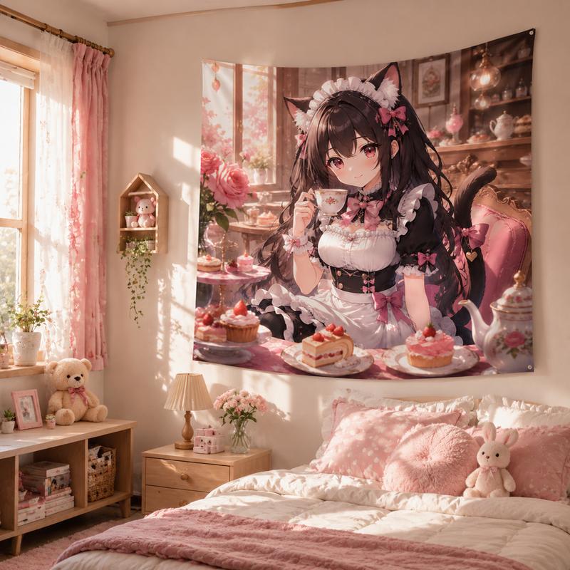 Lolita Tea Party Cat Maid Tapestry Pink Sweet Girl Heart Cat Ear Maid Afternoon Tea Hanging Cloth Anime Room Decoration