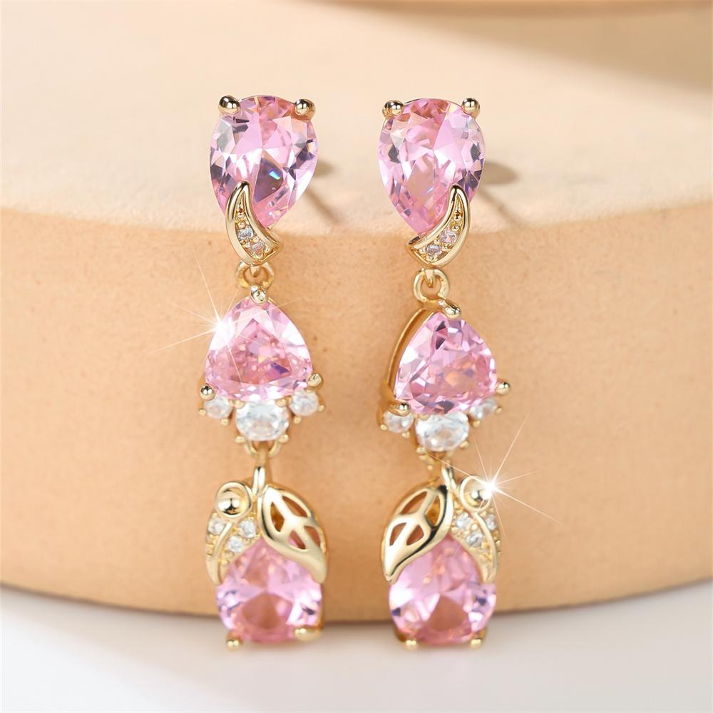 Pink Zircon Water Drop Stone Tassel Pendant Stud Earrings for Women Vintage Fashion Gold Color Wedding Jewelry Mother's Day Gift