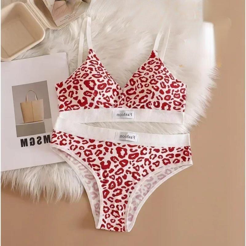 Damen Nahtloses BH-Set Slips Tiefer Bund Leopard Bralette Lingerie-Set V-Ausschnitt Sport-BH Baumwolle Sexy Unterwäsche-Set