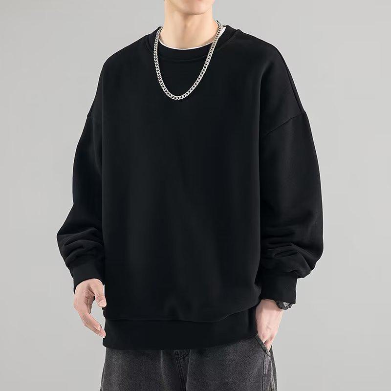 Men's 320g Heavyweight Round Neck Loose Pullover Hoodie - Autumn Long Sleeve Solid Color Outerwear.