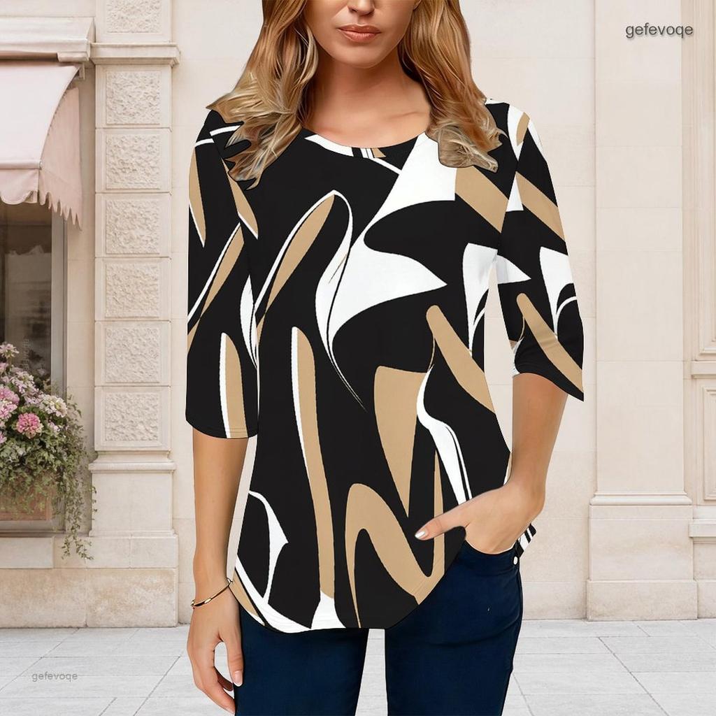 Women Plus Size Round Neck Three Quarter Sleeve Tie Dye Printed Curved Hem T Shirt