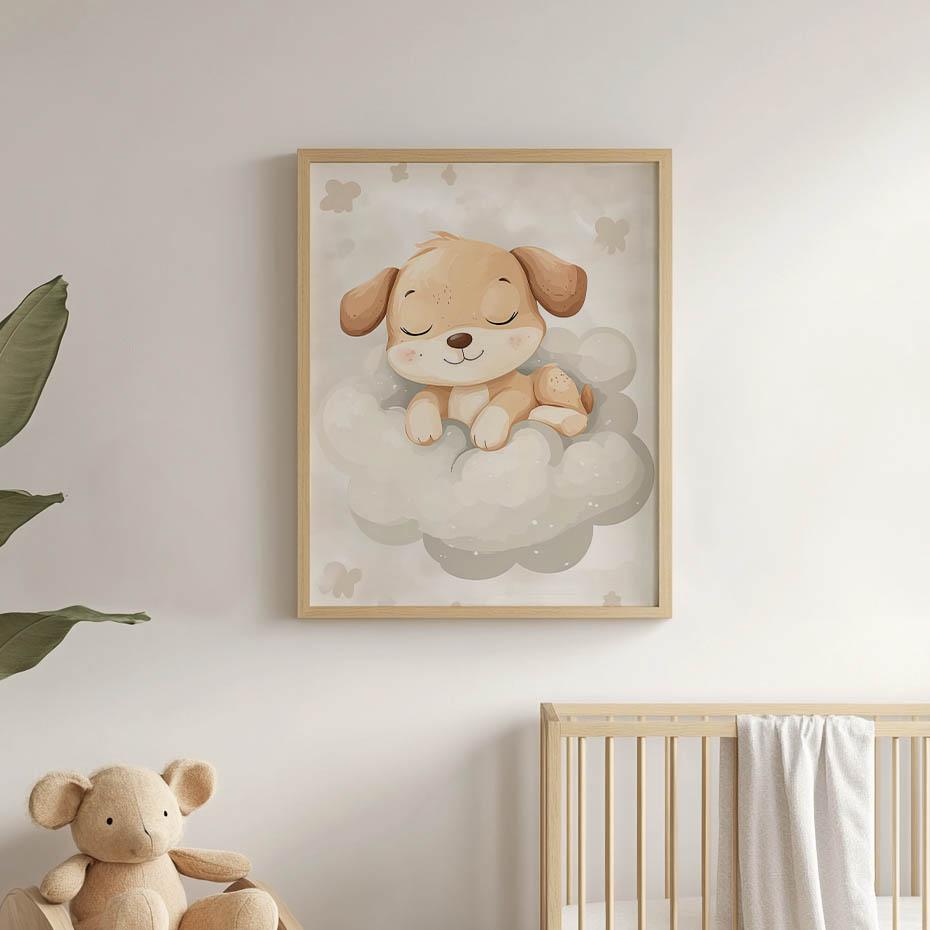 Poster Cute Dog On a Cloud Poster Cute Dog On a Cloud, 50X70 Cm, Black Aluminum Frame, 230 Gsm Matte Paper