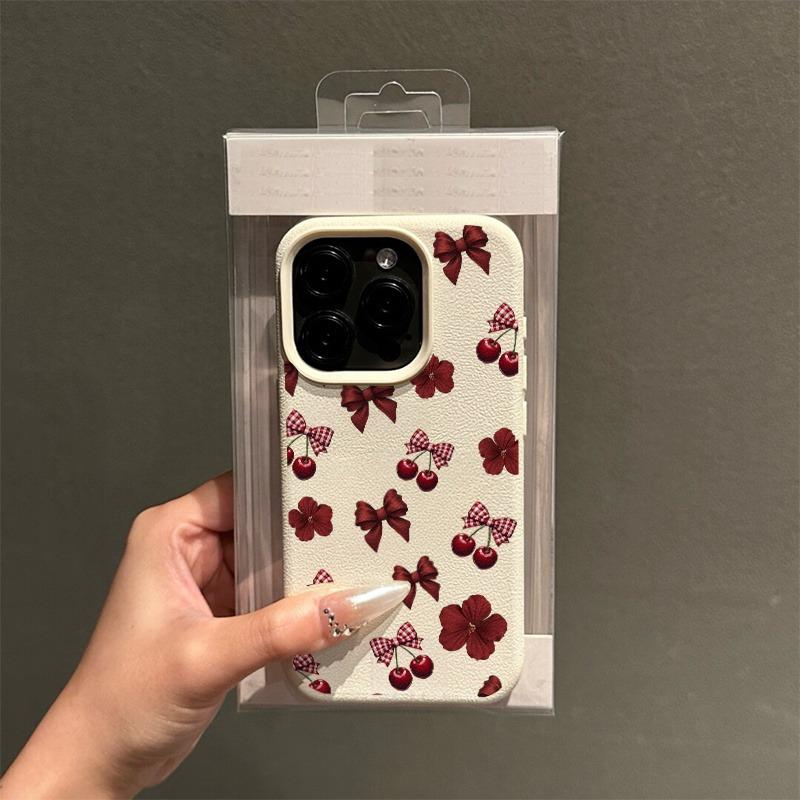 Wine Red Cherry Bow Floral Pattern Lychee Texture Phone Case For iPhone 11 12 13 14 15 16 17 Pro Max Plus 17 Air X XS Soft Cover
