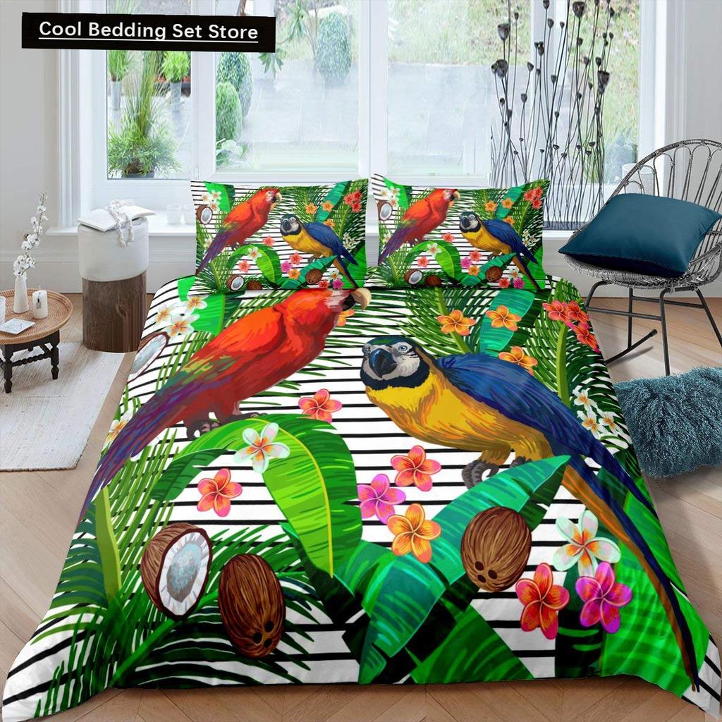 Parrot King Queen Duvet Cover Colourful Feather Bedding Set Rain Trees Bird Quilt Cover Sunset Mountain Natural Comforter Cover