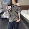 Women's Asymmetric Neck Short Sleeve Tee Loose Fit Commuter Style Striped Pattern Basic Top