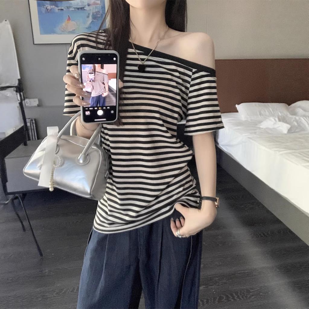 Women's Asymmetric Neck Short Sleeve Tee Loose Fit Commuter Style Striped Pattern Basic Top