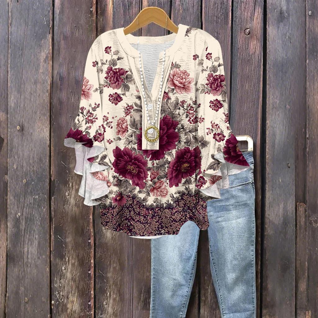 Women's Fashion Button V-Neck Ruffle Seven Sleeve Blouse Floral Printed Top