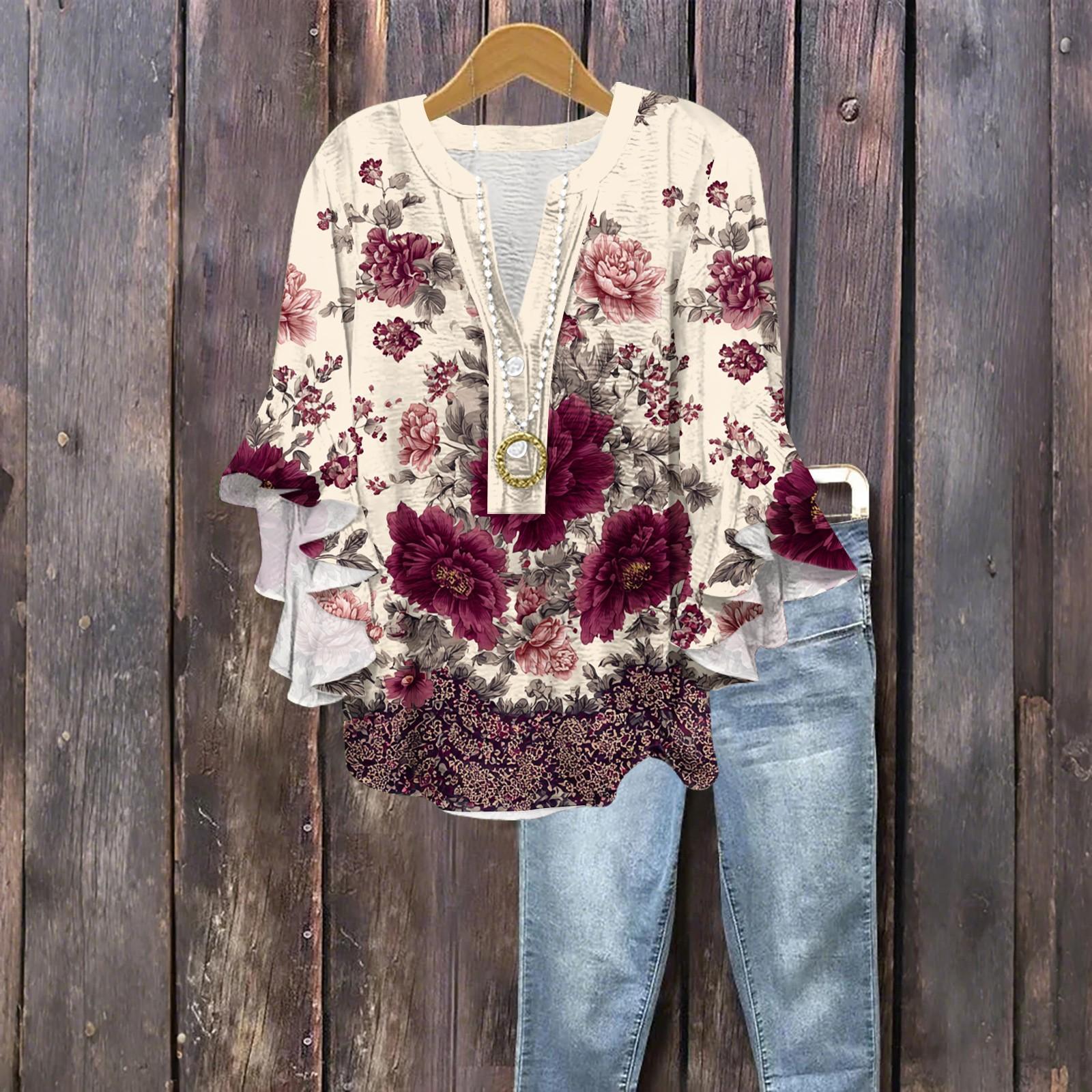 

Женская модная блузка на пуговицах с V-образным вырезом, с оборками и рукавами семь восьмых, топ с цветочным принтом XL винный