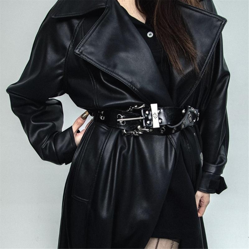 Gothic Studded Belt for Women Slightly Adjustable Clasp Double Row Hole Nonslip Design PU Leather Waistband