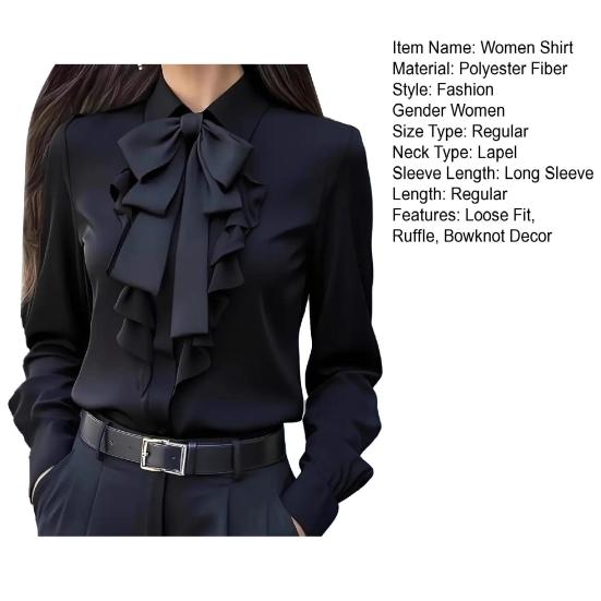 Automne Chemise Femme Revers Nœud Volants Design Manches Longues Chemise Hauts Fermeture Boutons Coupe Polyvalente Chemise Port Quotidien