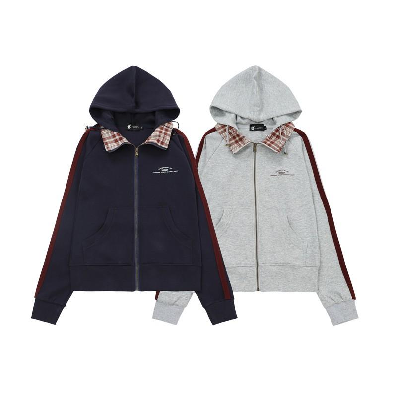 Damen Übergroßer Kapuzen-Reißverschluss-Pullover Karomuster Schmale Passform Streetwear Leichte Freizeitjacke