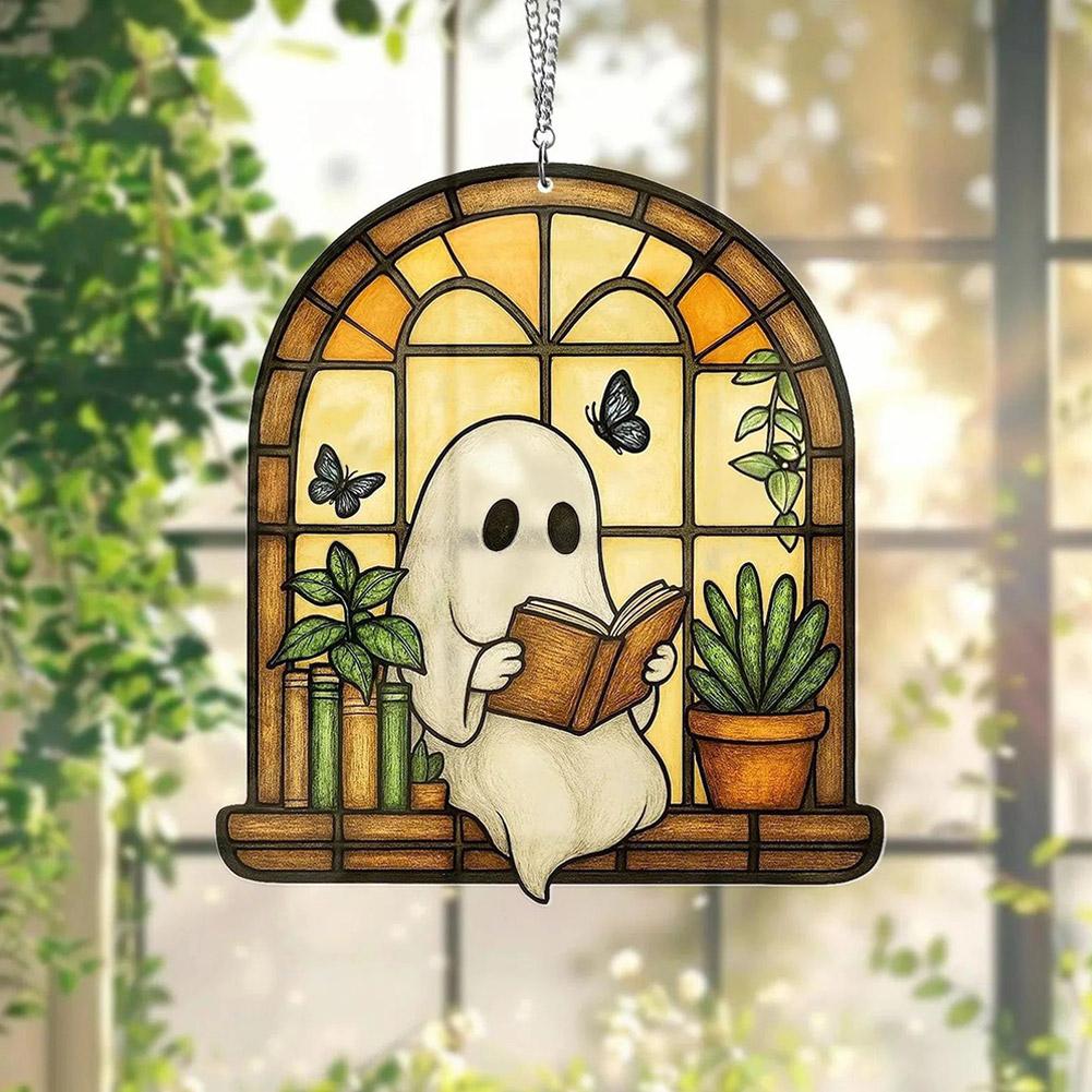 Cute Ghost Reading Book In Bathroom Suncatcher, Ghost In Bathtub Halloween Acrylic Spooky Ornaments Window Hanging Suncatchers