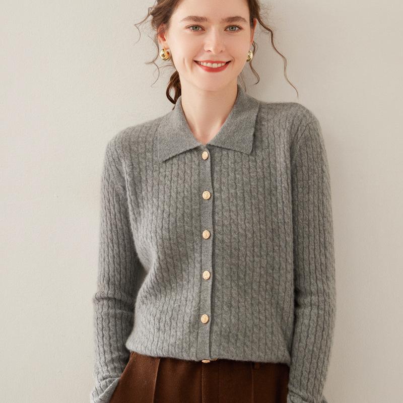 Women's Twist Pattern Polo Collar Wool Cardigan - Autumn/Winter Slim Fit Cashmere Knit Sweater