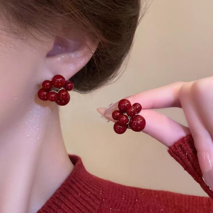 Korea Style Butterfly Flower Shape Red Enamel Stud Earrings for Women Party Cute Lovely Elegent Pearl Vintage Earrings Jewelry