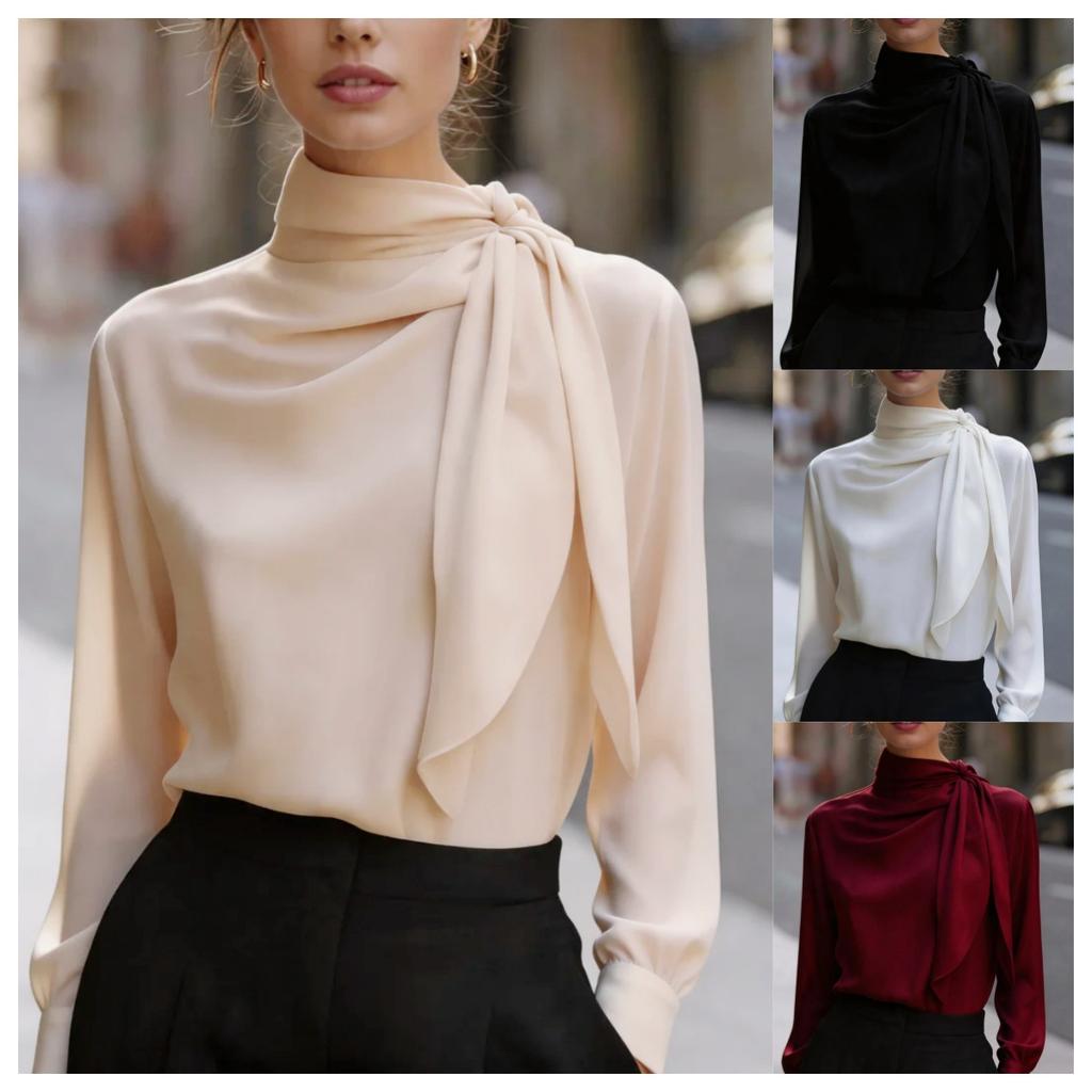 Chemise en Satin à Détails de Ruban – Chemise Longue pour Femme de Luxe Abordable avec un Col Montant pour le Lieu de Travail