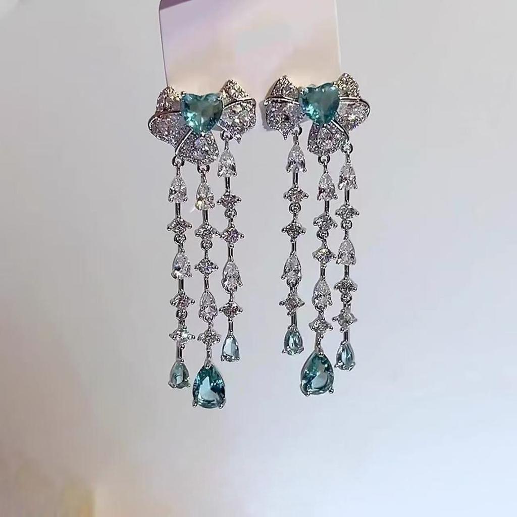 Vintage Green Drop Rhinestone Tassel Earrings for Women Fashion Light Luxury Commuter Jewelry