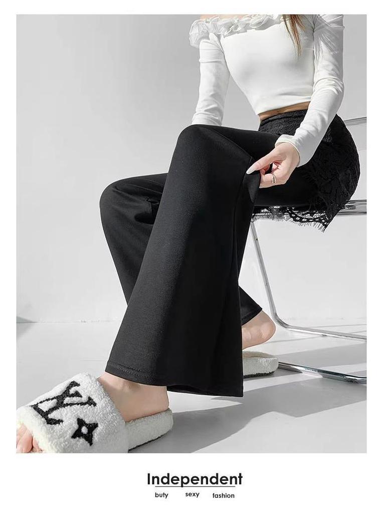 Lace Patchwork Two-Piece Look Micro-Flare Pants for Women - Black High-Waisted Slimming Body-Shaping Trousers, Spring 2026 Arrival