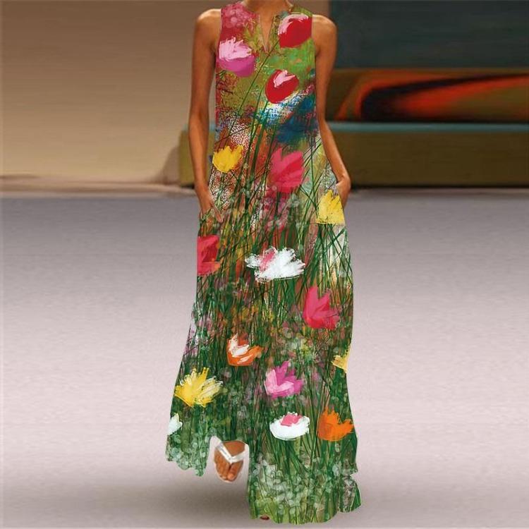 2026 Summer Fashion Retro Multicolor V Neck Sleeveless Maxi Dress