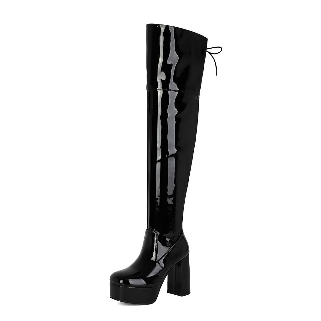 Stivali da Donna Eleganti in Vernice con Plateau e Tacco Chunky, Sopra il Ginocchio