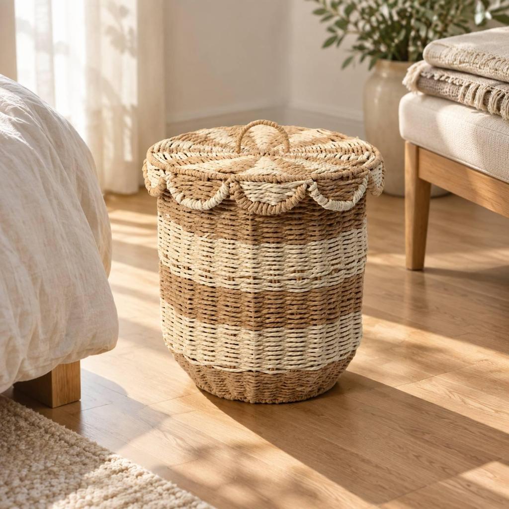 Handwoven Laundry Hamper with Lid Lightweight Woven Neutral Color