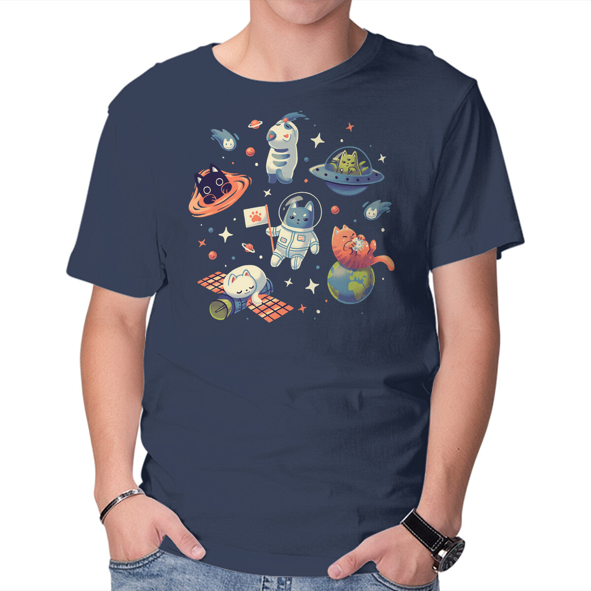 Unisex Crew Neck T-Shirt Cats in Space Graphic Short Sleeve Casual Tee XL