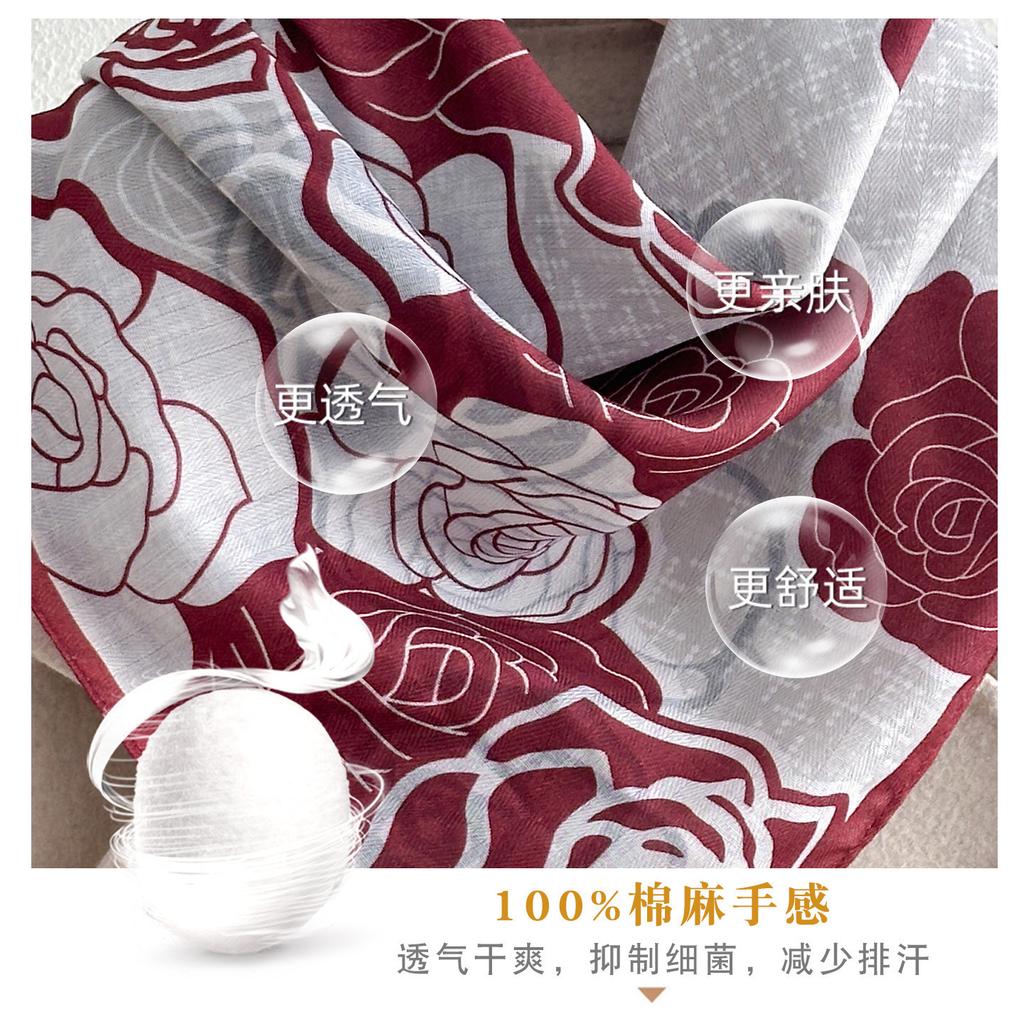 Chinese Camellia Red Cotton and Linen Feel Scarf Women's Small Square Scarf Spring, Autumn and Winter Thin Neck Multifunctional Scarf