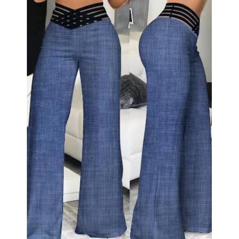 Womens High-Waisted Wide-Leg Pants With Cutout Waistband Casual Office Trousers Stretchy Loose Fit