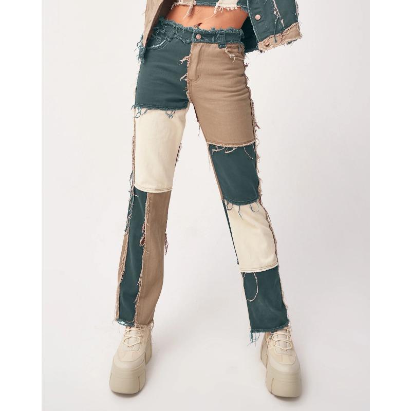 Women's Plus Size Mixed Colour Splicing High Waisted Tight Hip Women's Straight Jeans Trousers