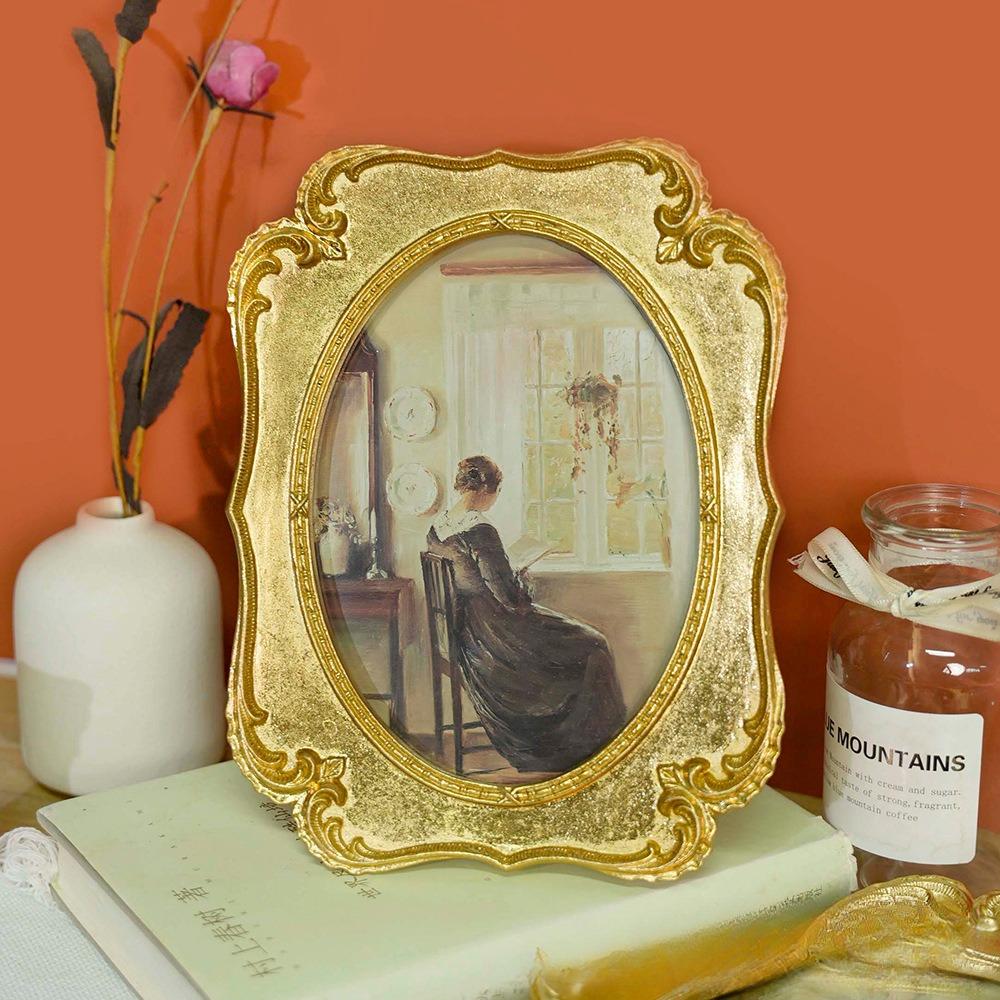 Vintage Gold Oval Picture Frame Antique Ornate Table Wall Mounting Retro Photo Frame for Home Office Decor Old-Fashioned Art
