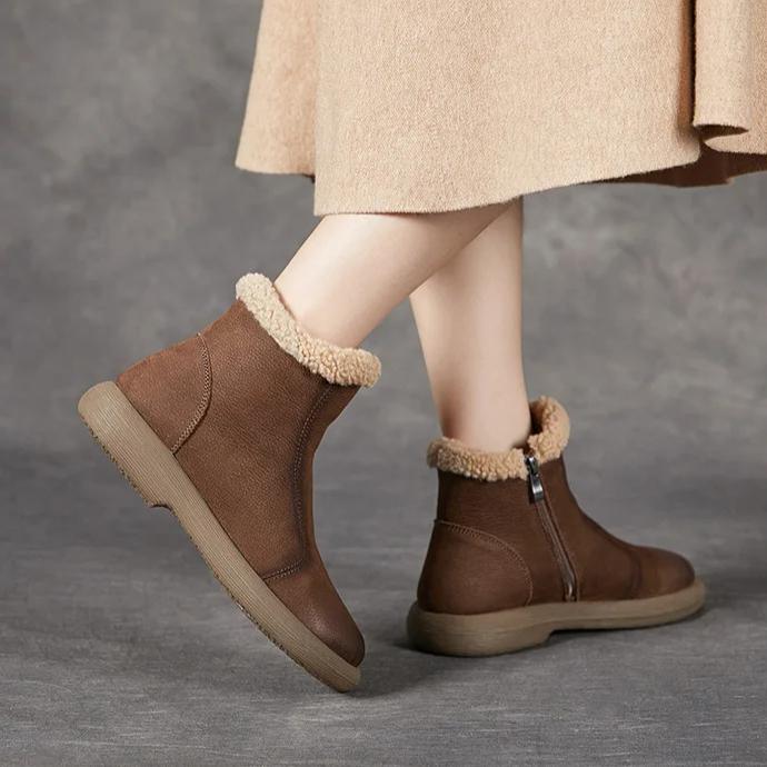Johnature Genuine Leather Plush Warm Ankle Boots Round Toe Soft Soled Versatile Women's Cotton Boots