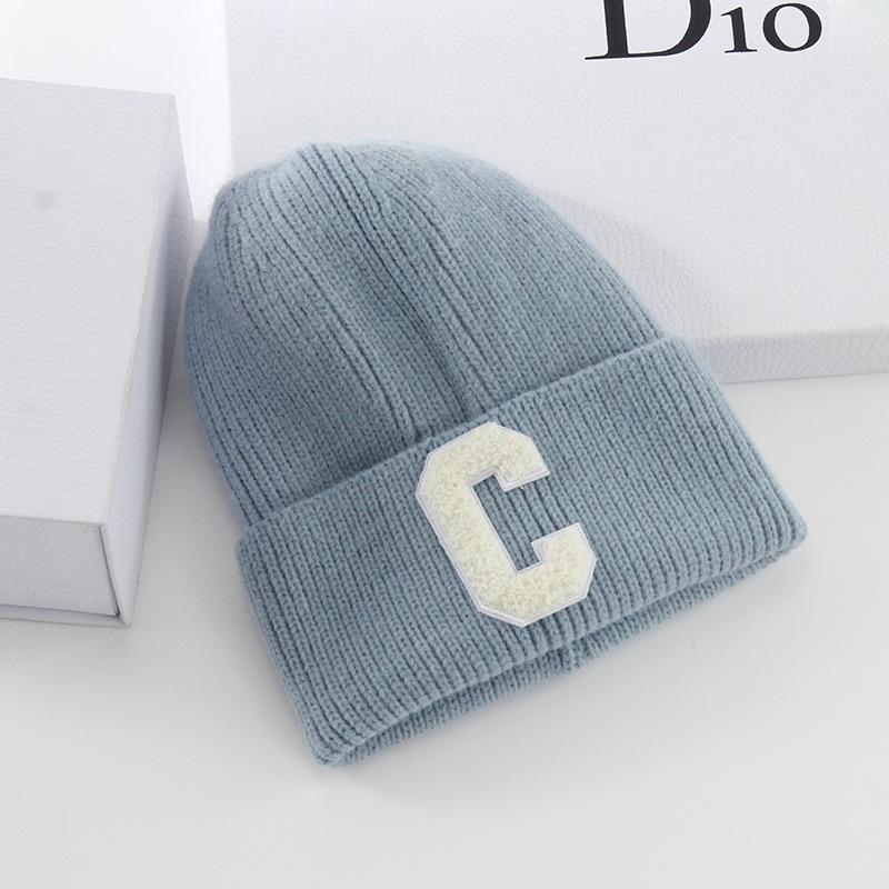 New Wool Hat Women's Autumn and Winter Warm Letter C Pullover Hat Student Solid Color Knitted Hat