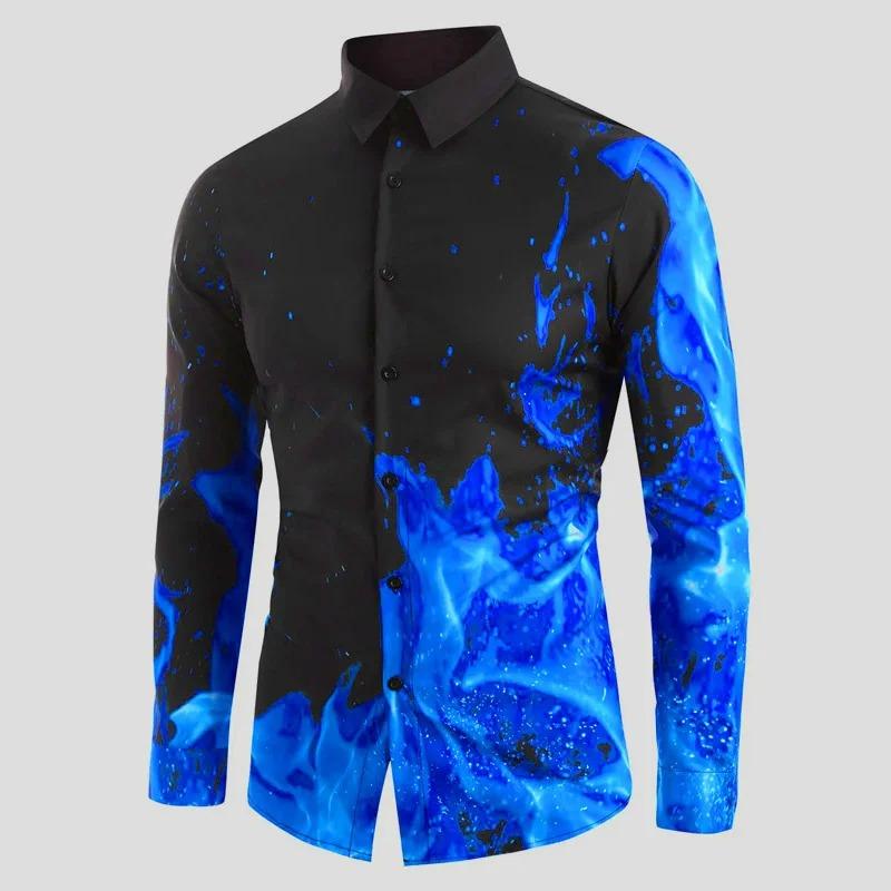 Men s Shirt Blue Purple Flame Pattern 3d Print Shirts Men Fashion Hawaiian Shirt Casual Beach Long Sleeve Blouse Lapel Shirt XXL