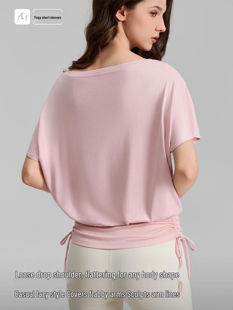 Women's V-neck Batwing Yoga T-shirt: Loose, Short Sleeve, Drawstring, Lazy Style for Spring/Summer 2026.