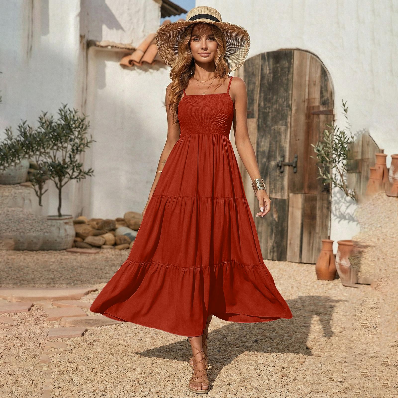 Fashionable Women s Casual Printed Tube Top Shoulder Strap Swing Dress XXXL кофейный