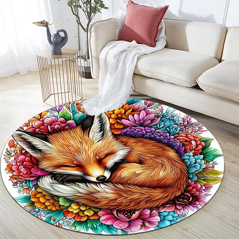 Sleeping Fox Round Area Rug,Carpet Rug for Living Room Bedroom Sofa Playroom Decor,Non-slip Floor Mat