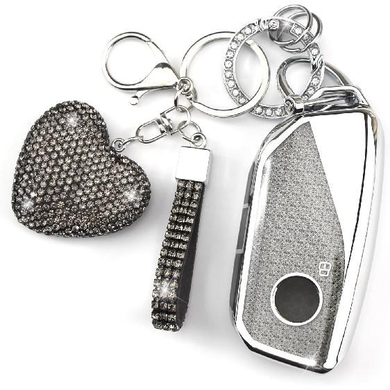Key Fob Cover with Diamond Keychain Compatible with BMW Car Key Holder Compatible with BMW 7 Series 740 760i I5 I7 IX X1 X5 X6 X7 XM  2024 Key