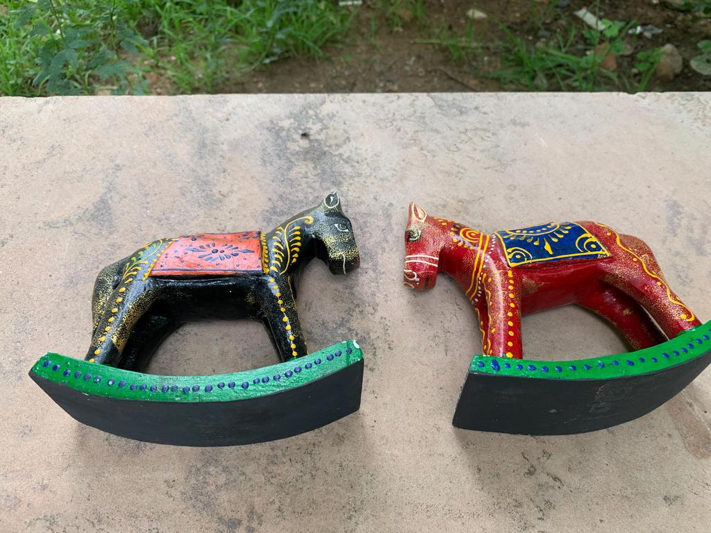 Hand Carved Wooden Rocking Horse Set: Home Decor Tabletop Display