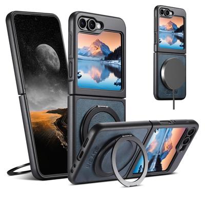 Magnetický bezdrátový nabíjecí kožený kryt pro řadu Samsung Z Flip se 360° otočným kroužkovým stojánkem