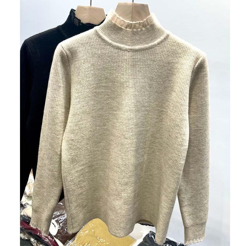 

Зимний элегантный утепленный теплый свитер с полувысоким воротником, женский осенний модный милый бархатный вязаный свободный пуловер с кружевной кромкой 29261 One Size абрикосовый