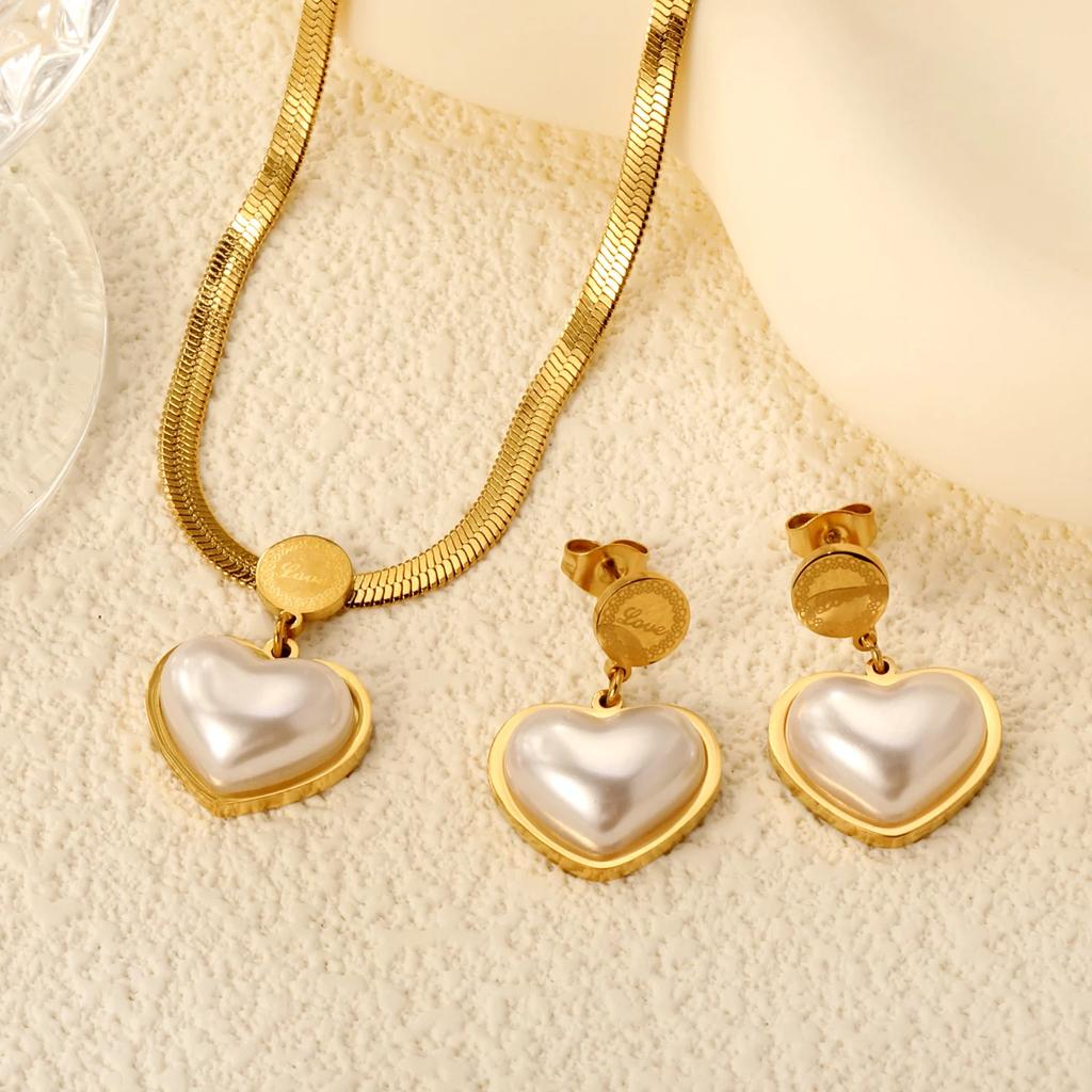 LUXUSTEEL Heart Shaped Pendants Necklace Earring Sets Imitaiton Zircon For Women Girl Stainless Steel Chain Necklace Zircon Gift