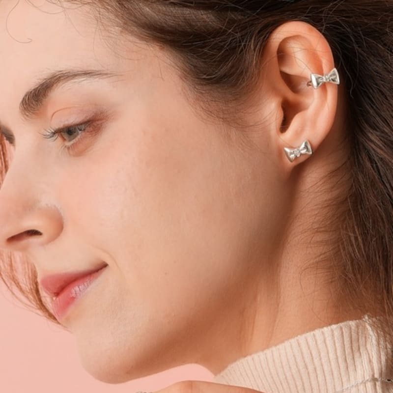 BELLOOGGI Sweet Bow Natural White Topaz Butterfly Ribbon Ear Cuff