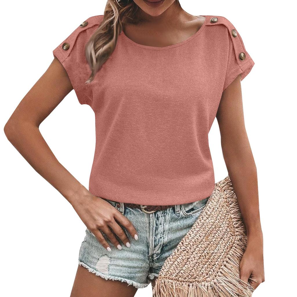 Women's Fashion New Round Neck Color Button Short Sleeve Top