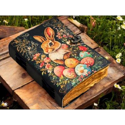 Bunny Rabbit Grimoire Leather Journal Notebook Journal for Women - Fat Journal Handmade Deckle Paper Notebook Journal for Gift