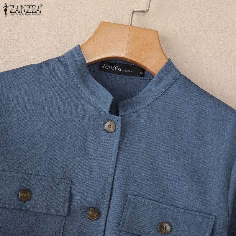 ZANZEA Camicetta casual da donna con colletto alto e maniche lunghe larghe
