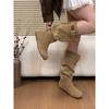 Vintage Design Pleated Stacking Boots Women's Inner Heightening Belt Buckle Slim Suede Birkenstock Knight Boots