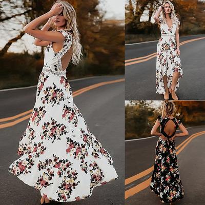 2026 New Women's Dress Sleeveless, Printed Irregular, Lace, Backless, Waist Cinching Long Gown Floral Print Dresses with Backless and Slit Design