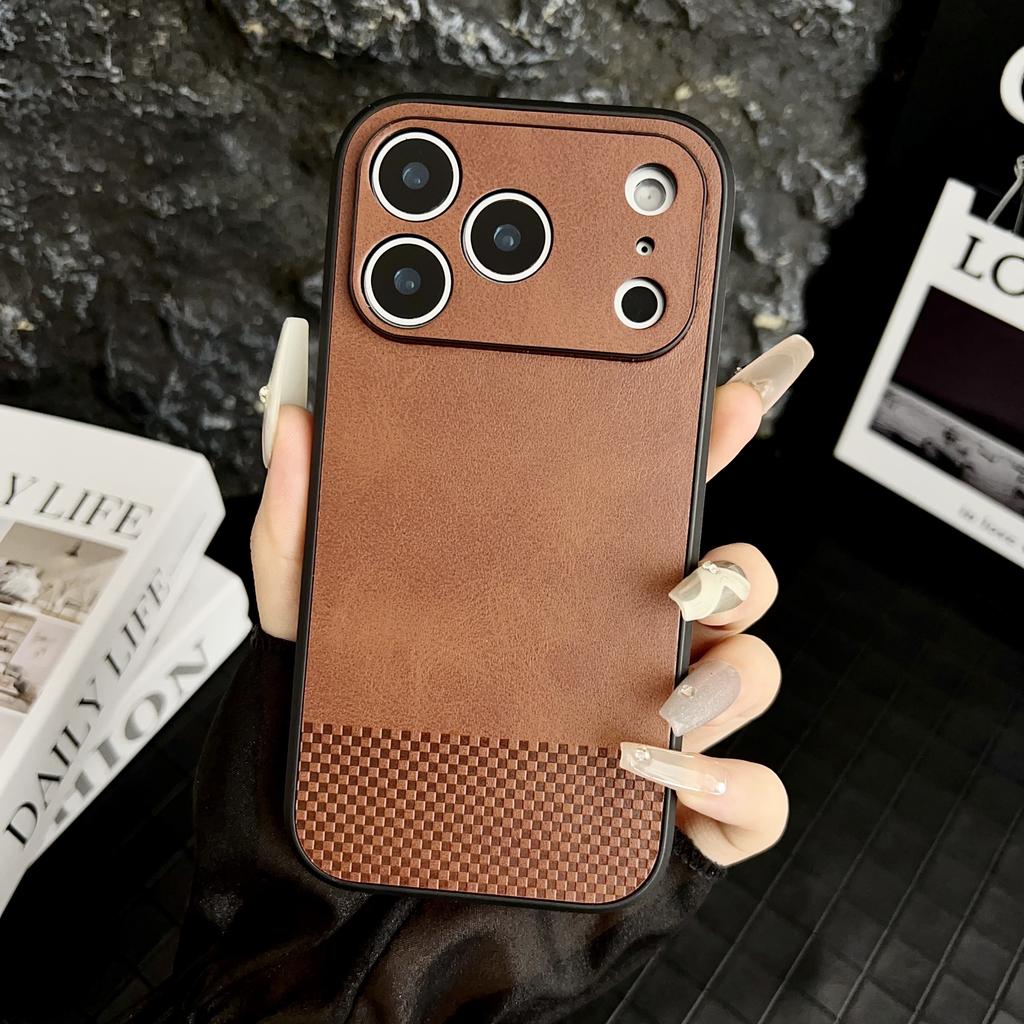 For iPhone 17 Pro Max Case Grid Texture PU Leather Coated PC TPU Phone Cover