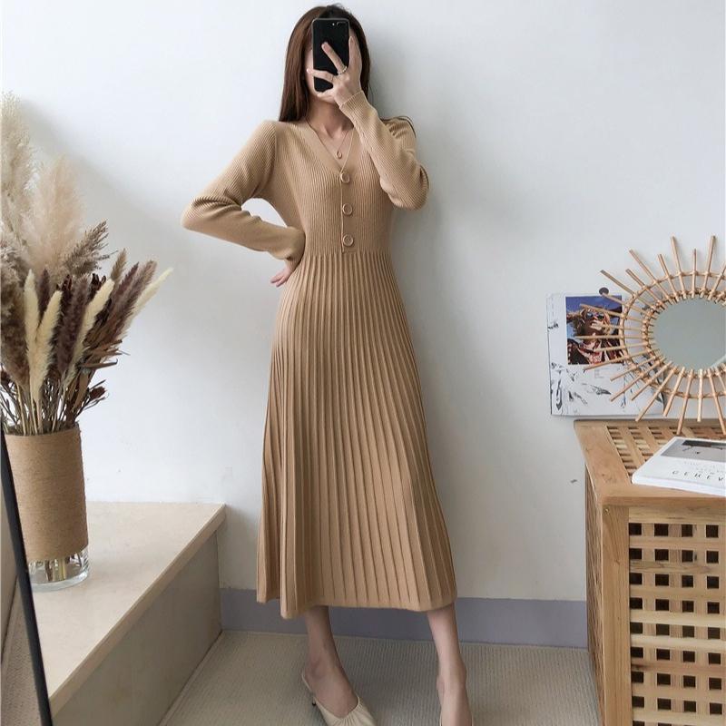 Knitted Dress for Women In Spring Solid Color Casual A-line Long Dress Long-sleeved Casual V-neck Sweater Dress
