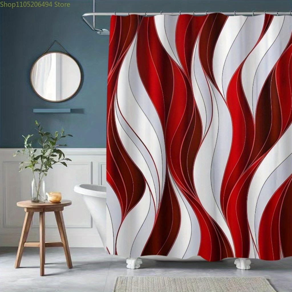 1pc Red & White Abstract Wave Pattern Shower Curtain - Stylish Polyester Bath Mat with Vibrant Red, White, and Brown Swirls, M