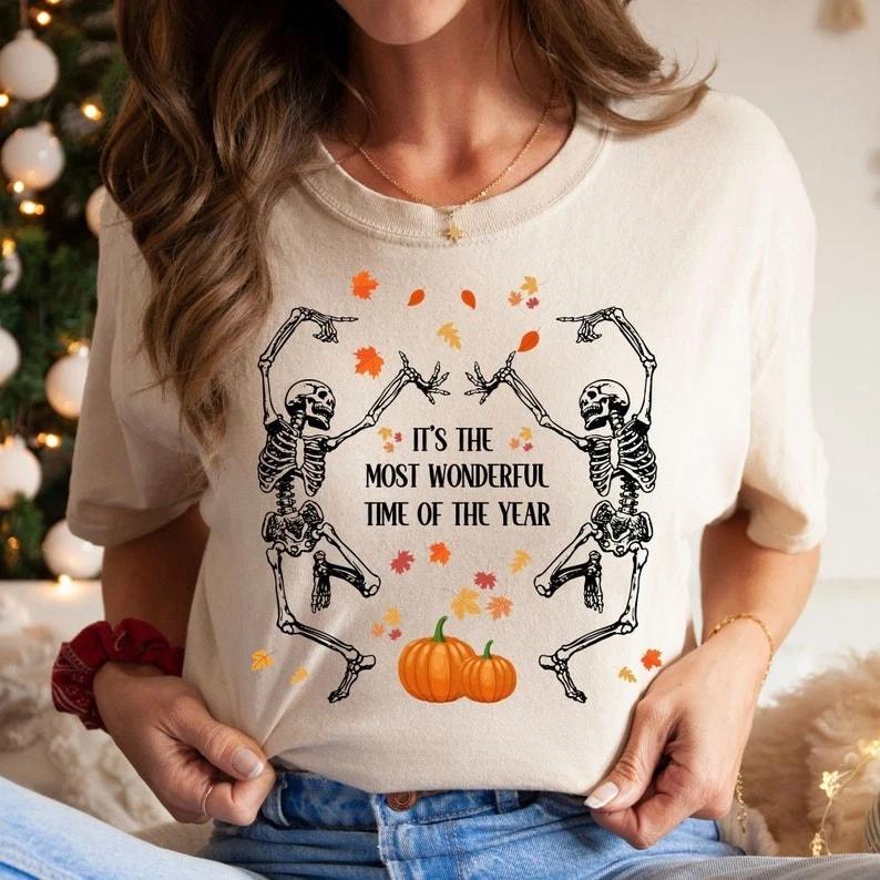 Dancing Skeletons Halloween T-Shirt – Pumpkins & Autumn Leaves M